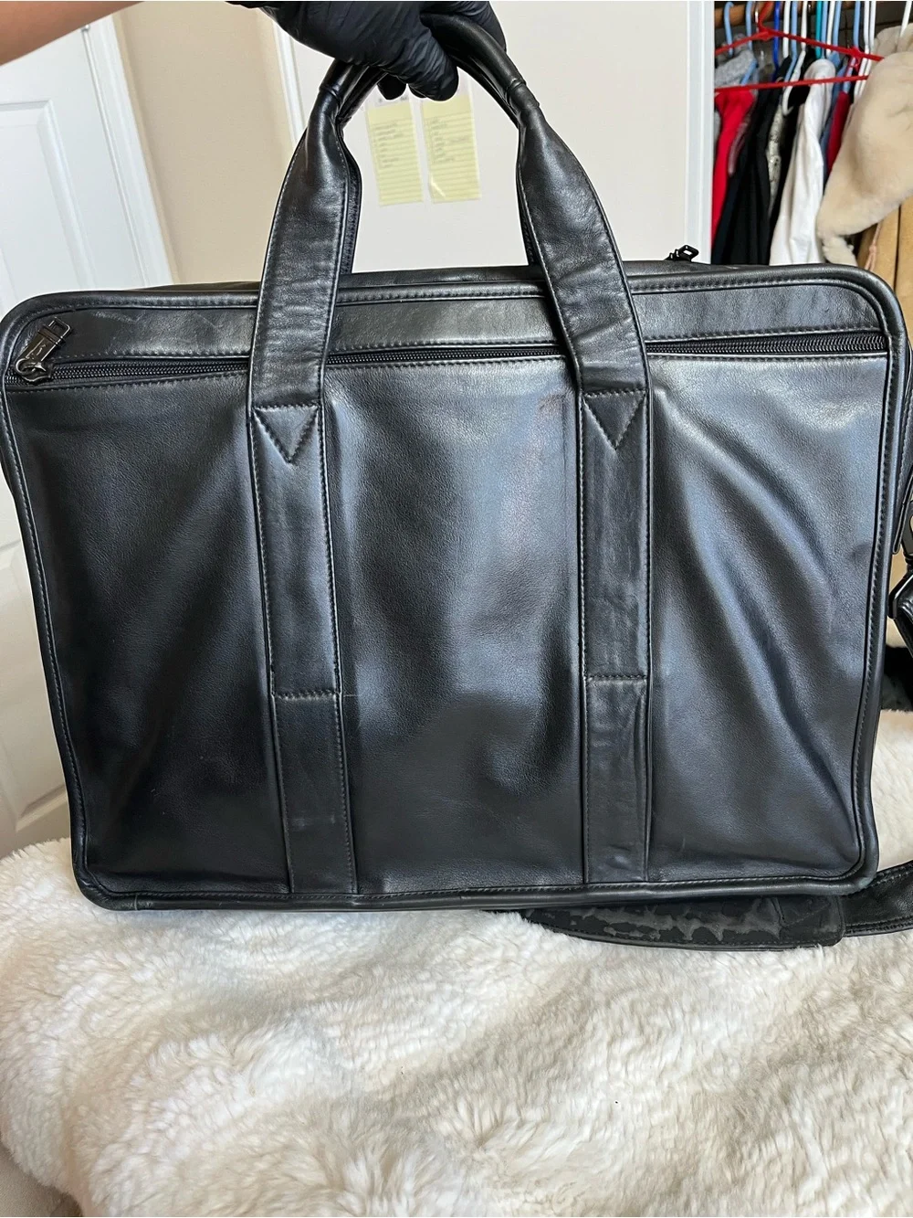 Tumi Black Leather Multi-Pocket Briefcase with Shoulder Strap
